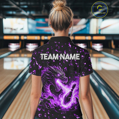 Fire Flame Dragon Bowling Polo Quarter Zip Shirts For Women Custom Team Bowling Jerseys | Purple NYN3452