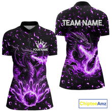 Load image into Gallery viewer, Fire flame dragon bowling polo quarter zip shirt for women purple bowling team jersey