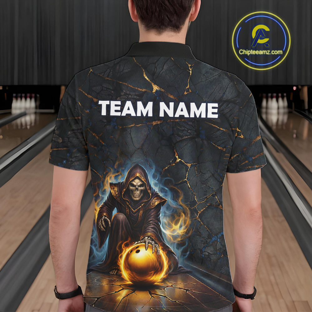 Flame Grim Reaper Custom Men Bowling Polo & Quarter-Zip Shirts Gold Bowling Ball League Jerseys NYN3011