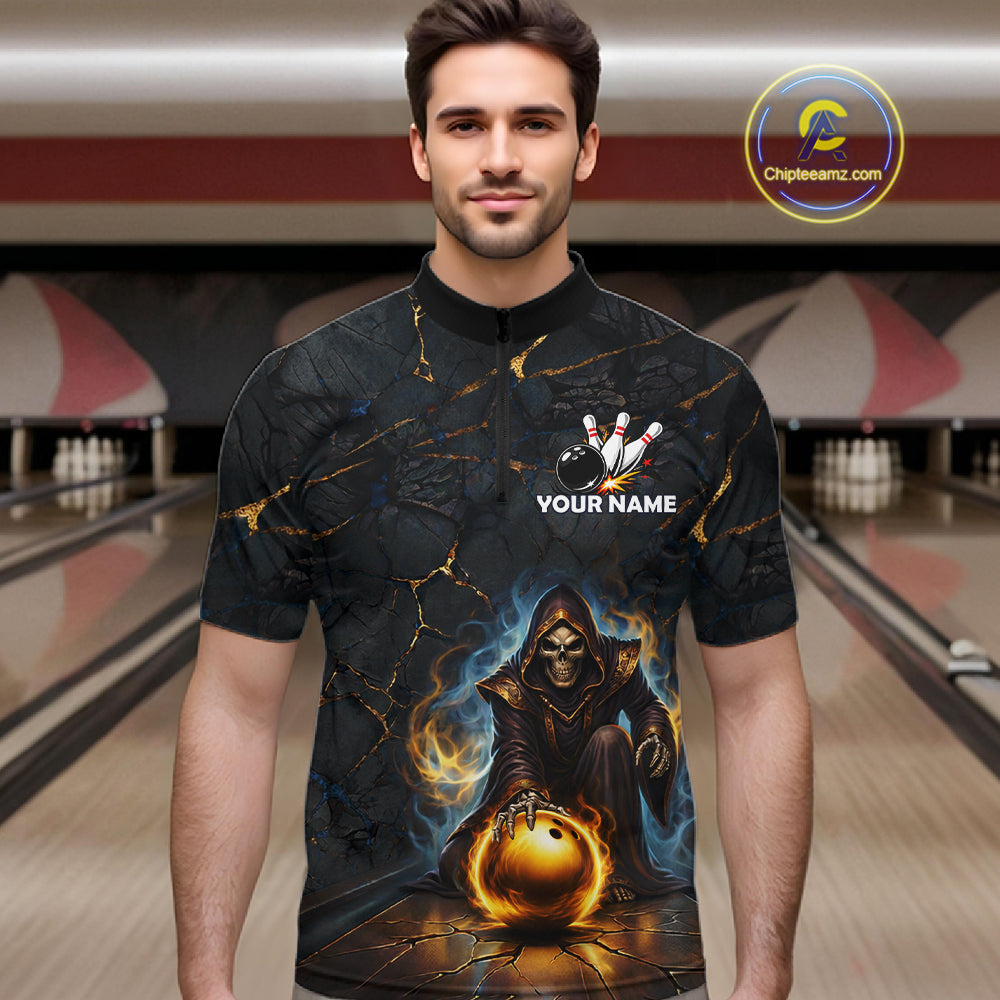 Flame Grim Reaper Custom Men Bowling Polo & Quarter-Zip Shirts Gold Bowling Ball League Jerseys NYN3011
