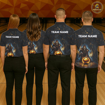 Flame Grim Reaper Custom Men Bowling Polo & Quarter-Zip Shirts Gold Bowling Ball League Jerseys NYN3011