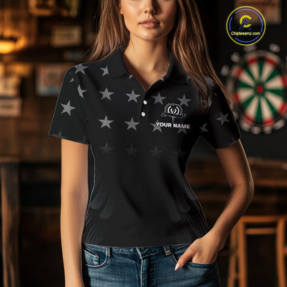 Black & Red US Flag Dartboard - Women's Patriotic Darts Shirt - Custom Name For Players NYN0488