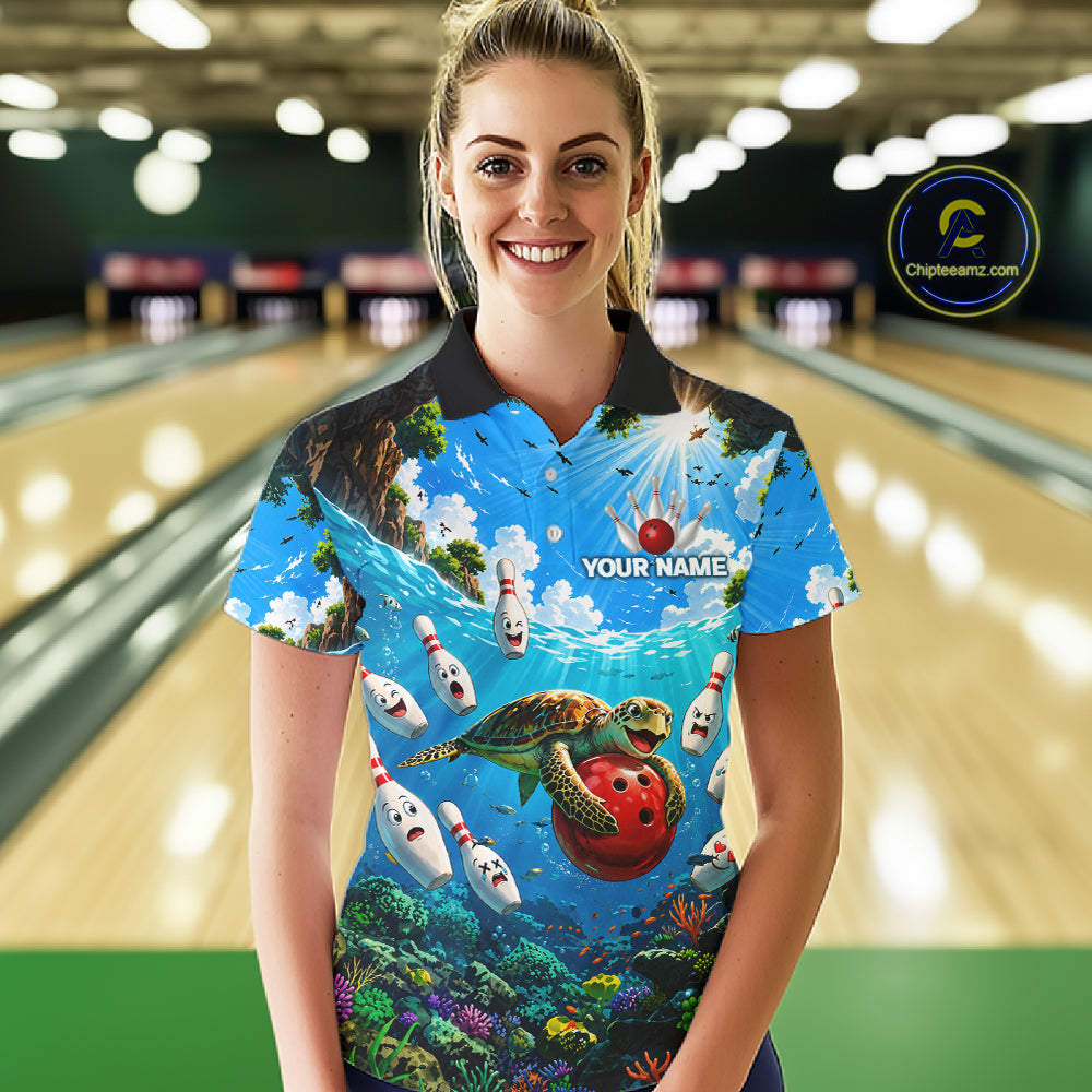 Woman wearing ocean turtle bowling shirt custom bowling apparel