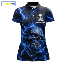 Load image into Gallery viewer, Women's blue skull thunder lightning bowling polo shirt custom bowling jersey mockup