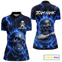 Load image into Gallery viewer, Women's blue skull quarter zip bowling shirt custom bowling jersey mockup