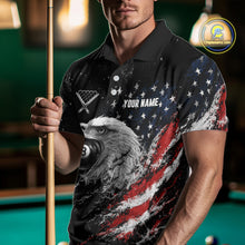 Load image into Gallery viewer, Male model wearing Custom US Flag Eagle billiard polo, personalized patriotic pool jersey, professional cue sports apparel, military appreciation tournament clothing, championship performance uniform, competitive team sportswear