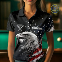 Load image into Gallery viewer, Female model wearing Custom US Flag Eagle pool polo, patriotic women's billiard tournament jersey, personalized APA league apparel, American eagle cue sports uniform, performance athletic clothing
