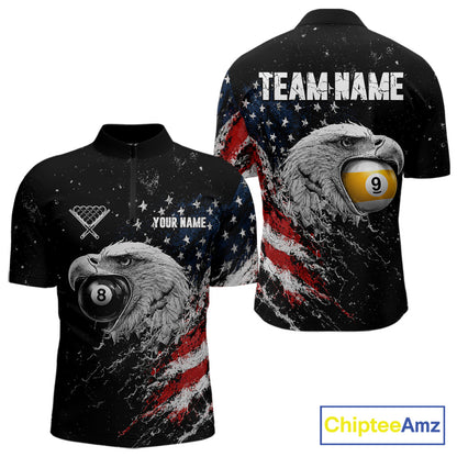 Custom US Flag Eagle men's quarter-zip billiard jersey with patriotic USA eagle graphics, personalized pool tournament apparel, custom cue sports team shirt, veterans event uniform, performance athletic jersey
