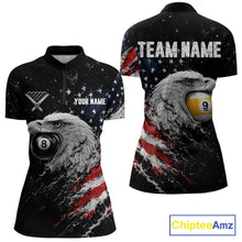Load image into Gallery viewer, Custom US Flag Eagle women's quarter-zip billiard jersey featuring American flag and eagle artwork, personalized 8 Ball &amp; 9 Ball tournament shirt, custom cue sports apparel, patriotic pool league uniform, championship performance clothing