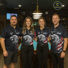 Load image into Gallery viewer, Matching Custom US Flag Eagle billiard jerseys for men and women, patriotic pool tournament uniforms, veterans event apparel, military appreciation team shirts, APA BCA league jerseys, championship cue sports clothing, symbols of freedom, strength, leadership and unity