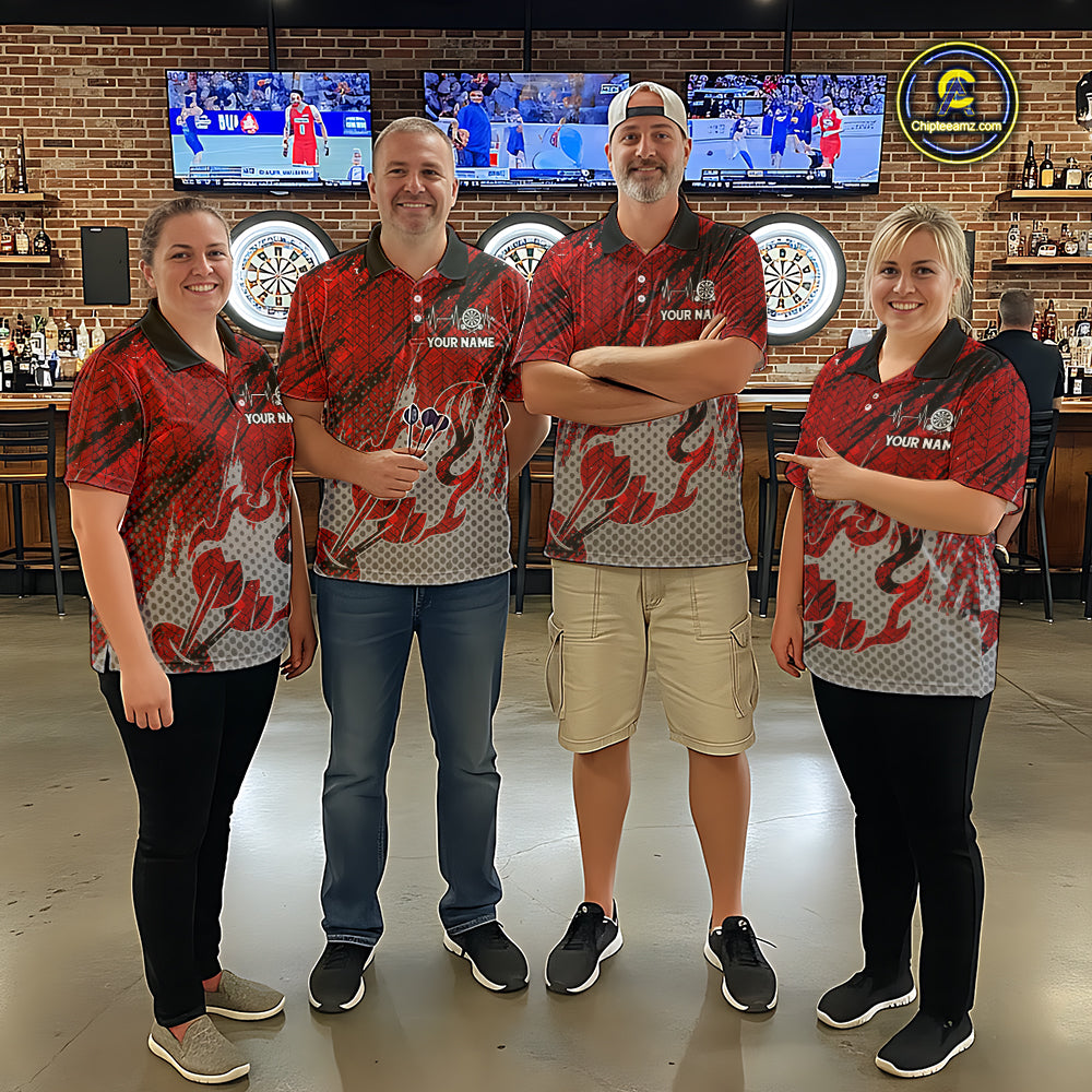 Custom Grunge Red And Grey Halftone Women Darts Polo Team Shirt Dart League Jerseys NYN2178