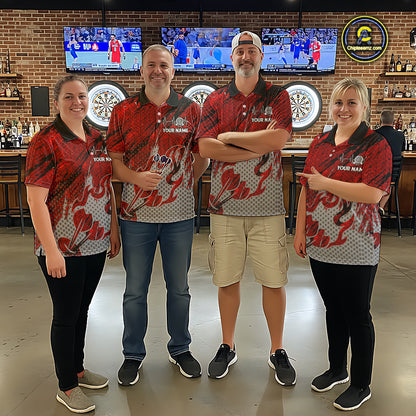 Custom Grunge Red And Grey Halftone Women Darts Polo Team Shirt Dart League Jerseys NYN2178