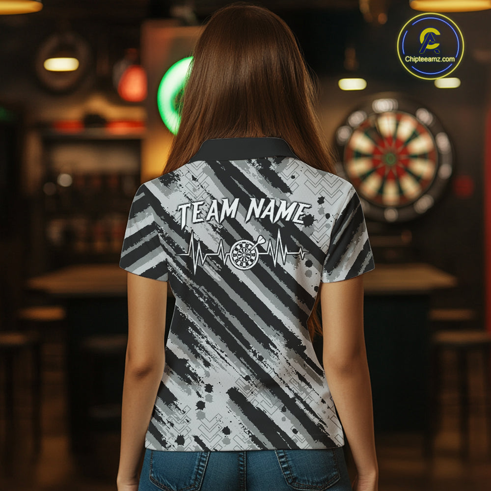 Custom Black Grey Grunge Streaks Skull Women Darts Polo Team Shirt Skull Dart League Jerseys NYN2180