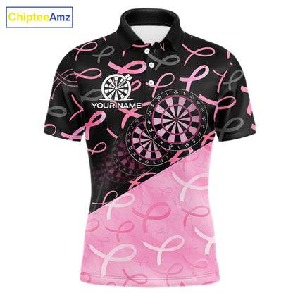 Pink Black Ribbon Blur Dartboard Custom Breast Cancer Awareness Dart Polo Team Shirt For Men NYN2450