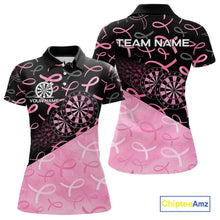 Load image into Gallery viewer, Pink Black Ribbon Blur Dartboard Custom Breast Cancer Awareness Dart Polo Team Shirt For Women NYN2450