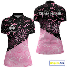 Load image into Gallery viewer, Pink Black Ribbon Blur Dartboard Custom Breast Cancer Awareness Dart Polo Team Shirt For Women NYN2450