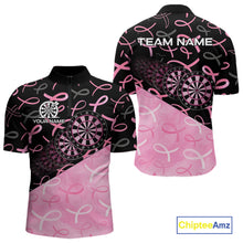 Load image into Gallery viewer, Pink Black Ribbon Blur Dartboard Custom Breast Cancer Awareness Dart 1/4-Zip Team Shirt For Men NYN2450