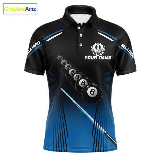 Black & Blue Billiard Ball Cue Pool Men Polo & 1/4-Zip Shirt Custom 8 Ball 3D Billiards Attire NYN2455