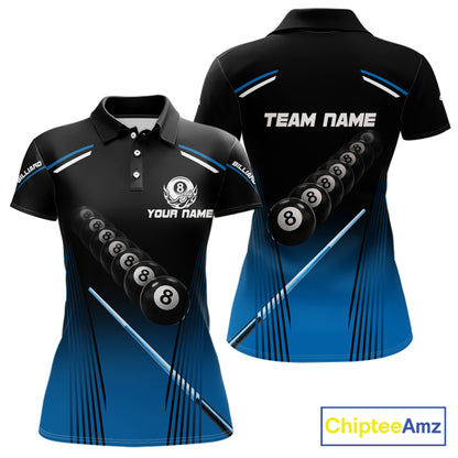 Black & Blue Billiard Ball Cue Pool Women Polo & 1/4-Zip Shirt Custom 8 Ball 3D Billiards Attire NYN2455