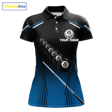 Load image into Gallery viewer, Black &amp; Blue Billiard Ball Cue Pool Women Polo &amp; 1/4-Zip Shirt Custom 8 Ball 3D Billiards Attire NYN2455