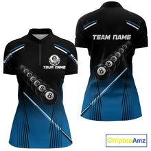 Load image into Gallery viewer, Black &amp; Blue Billiard Ball Cue Pool Women Polo &amp; 1/4-Zip Shirt Custom 8 Ball 3D Billiards Attire NYN2455