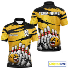 Load image into Gallery viewer, Men's yellow grunge cracked bowling ball and pins polo shirt mockup custom bowling league jersey