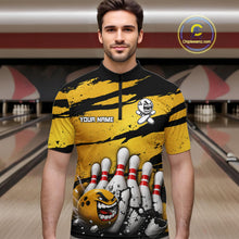 Load image into Gallery viewer, Male model wearing yellow grunge cracked bowling ball and pins shirt custom bowling league jersey
