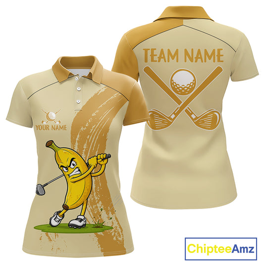 Women's golf polo mockup featuring playful banana graphics, personalized golf apparel for women's golf leagues, golf clubs and vacation golf events.