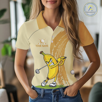 Female golfer wearing banana golf polo during golf tournament, lightweight breathable golf apparel for golf vacations and country clubs.