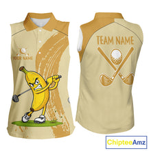 Load image into Gallery viewer, Women's Banana golf artwork on sleeveless polo mockup, funny personalized golf apparel for golf tournaments, golf outings and golf vacations. Perfect for banana lovers, food lovers, comedy fans, tropical travelers.