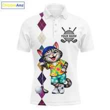 Load image into Gallery viewer, Mens Colorful Argyle Golf Shirts Custom Cat Golfer Clothing Golf Polo Jersey, Best Golf Gifts NYN3052