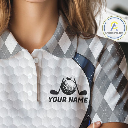 Blue And Grey Argyle Polo Golf Shirts For Women Custom White Ball Golf Team Attire For Golfers NYN3058