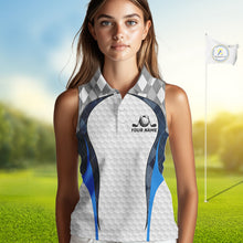 Load image into Gallery viewer, Blue And Grey Argyle Sleeveless Polo Golf Shirts For Women Custom White Ball Golf Attire For Golfers NYN3058