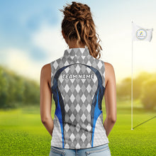 Load image into Gallery viewer, Blue And Grey Argyle Sleeveless Polo Golf Shirts For Women Custom White Ball Golf Attire For Golfers NYN3058