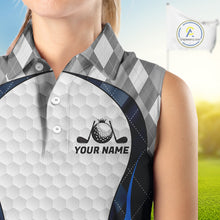 Load image into Gallery viewer, Blue And Grey Argyle Sleeveless Polo Golf Shirts For Women Custom White Ball Golf Attire For Golfers NYN3058