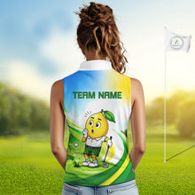 Load image into Gallery viewer, Woman wearing funny lemon golf sleeveless polo shirt during golf tournament