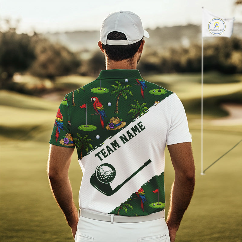 Man wearing parrot palm tree golf polo shirt on sunny golf course