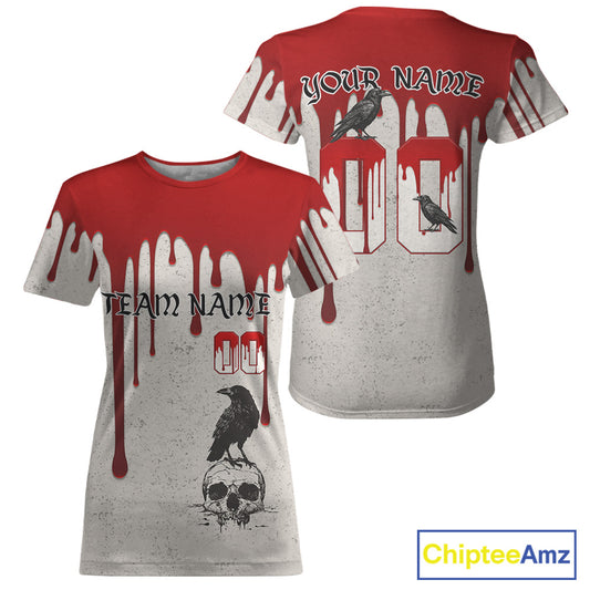 Custom Red Blood Skull Raven Baseball Shirt For Women Horror Halloween Baseball Jerseys NYN1386