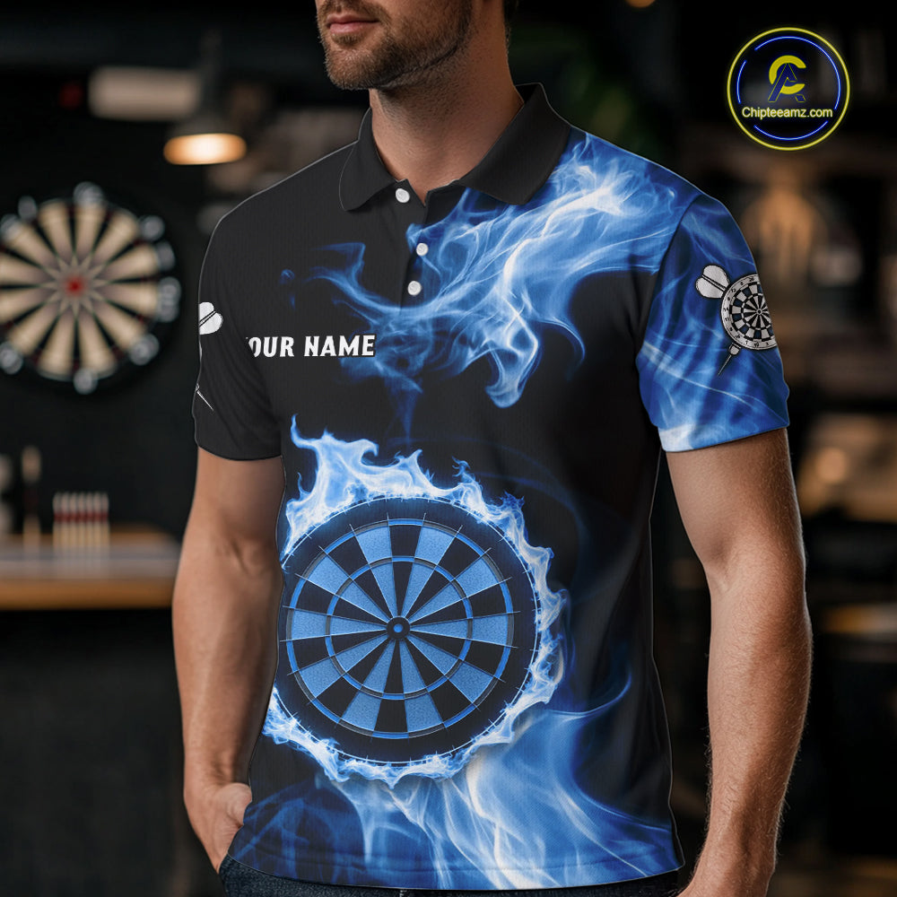 Custom Black And Blue Flames Dartboard Dart Men Polo Jerseys Outfits Dart Team Shirt NYN1663