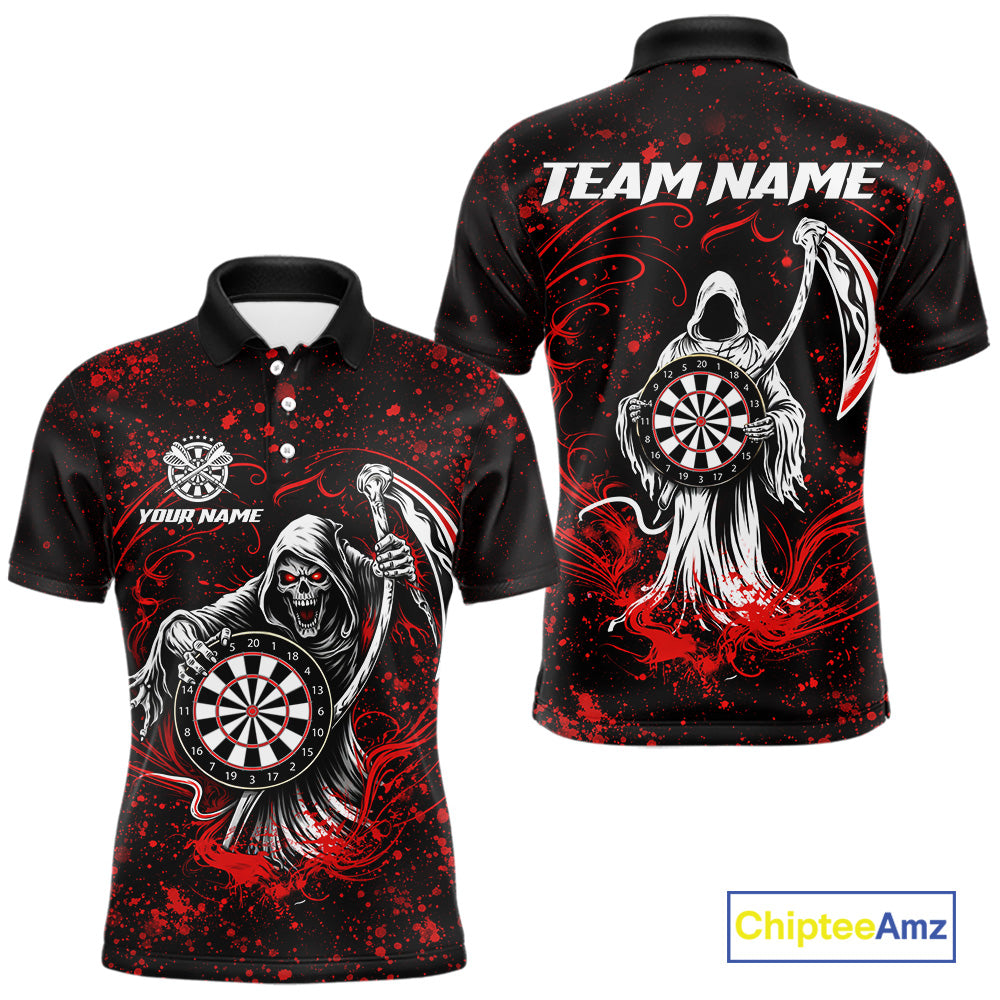 Black & Red Splatter Grim Reaper Hold Dartboard Dart Polo Shirts For Men Custom Dart Team Shirts NYN2681