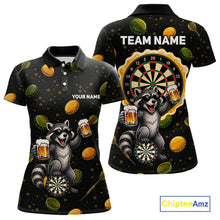 Load image into Gallery viewer, Women's beer and raccoon dart polo shirt mockup funny dart team jersey