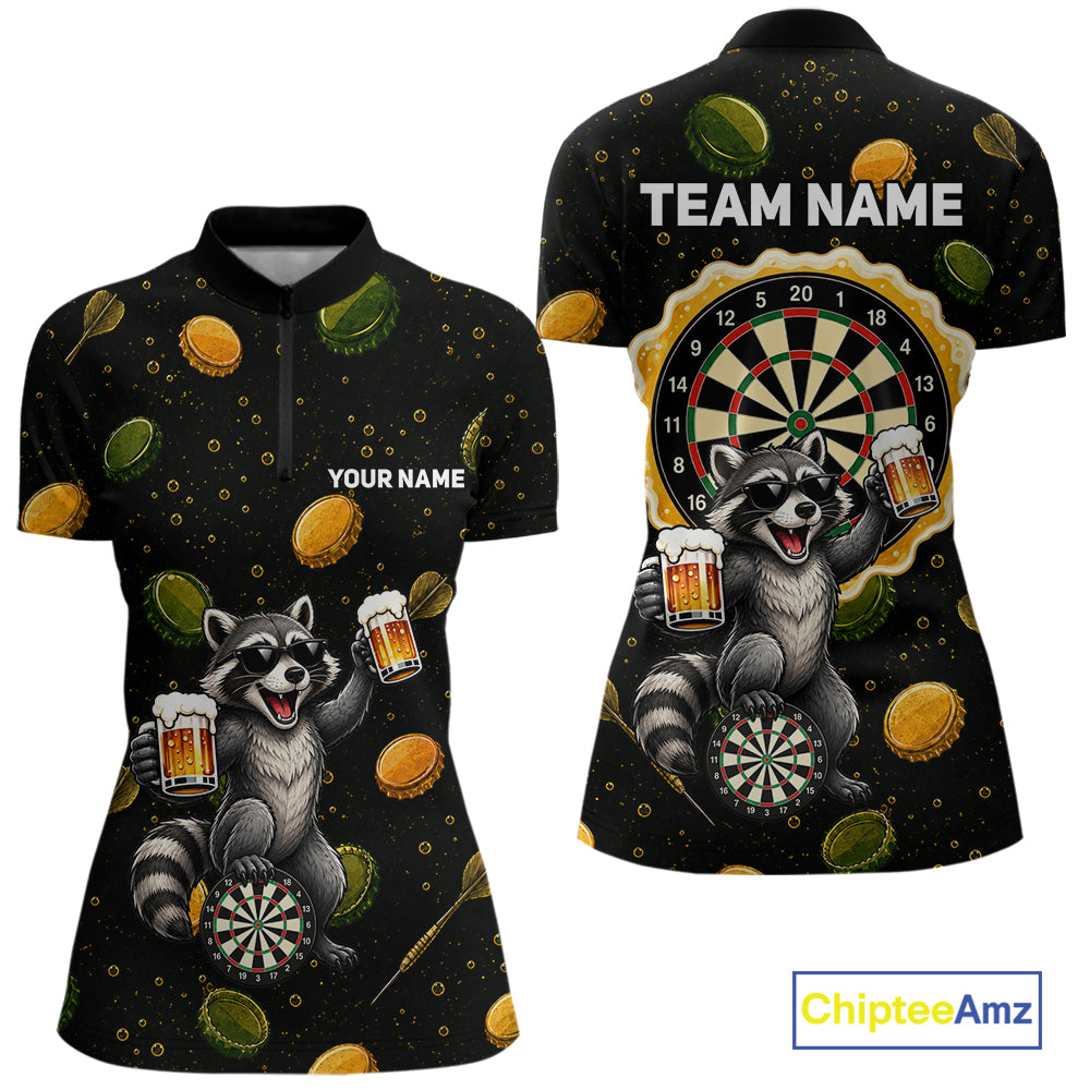 Women's beer and raccoon dart quarter zip shirt mockup custom dart apparel