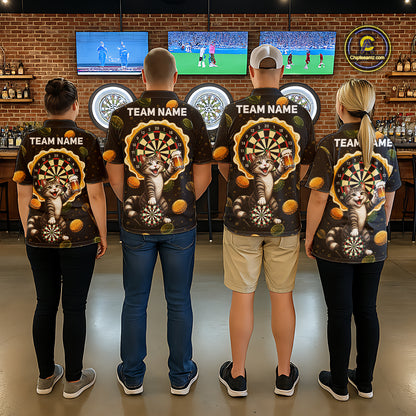 Men's dart team wearing beer and cat dart jerseys custom tournament uniforms