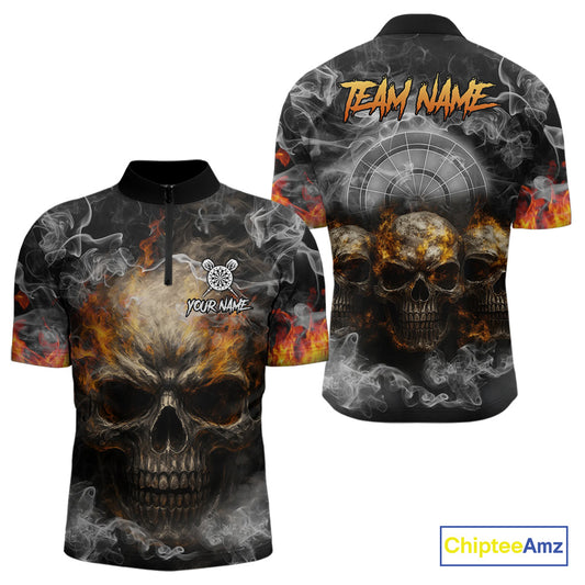 Smoke Skull Darts Grunge Men's Darts Quarter-Zip Shirt - Custom Name For Players NYN0749