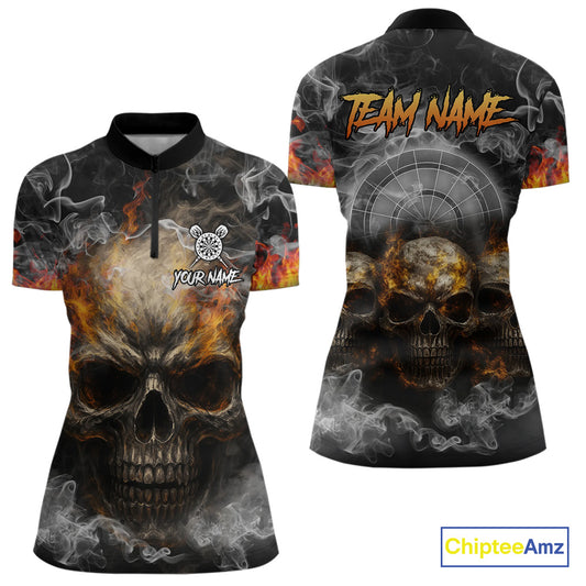 Smoke Skull Darts Grunge Women's Darts Quarter-Zip Shirt - Custom Name For Players NYN0749
