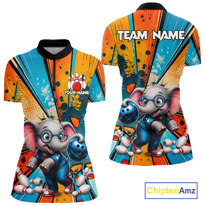 Funny Elephant Quarter-Zip Bowling Shirt featuring personalized graphics, cartoon elephant mascot, moisture-wicking performance fabric, breathable bowling tournament apparel, athletic sportswear.