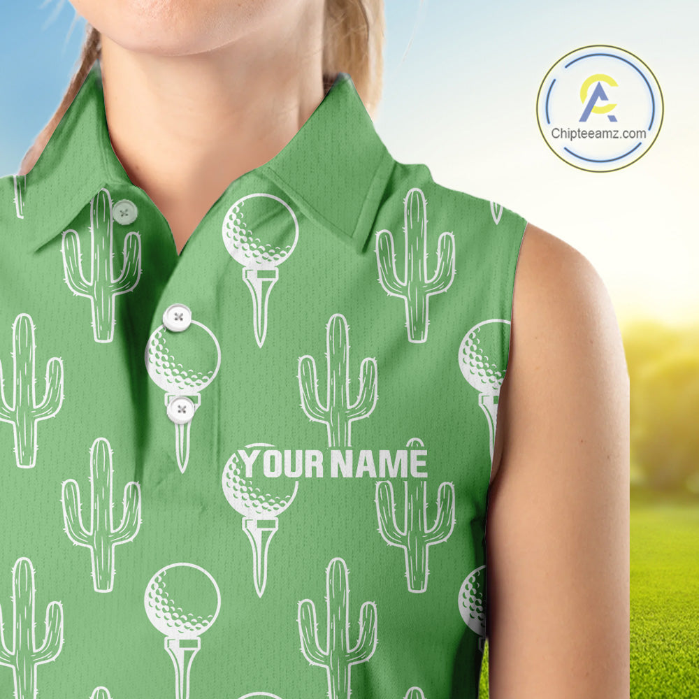 Personalized Desert Cactus Green Pattern Womens Golf Sleeveless Polo Shirts Custom Funny Cactus Golf Gifts NYN2844