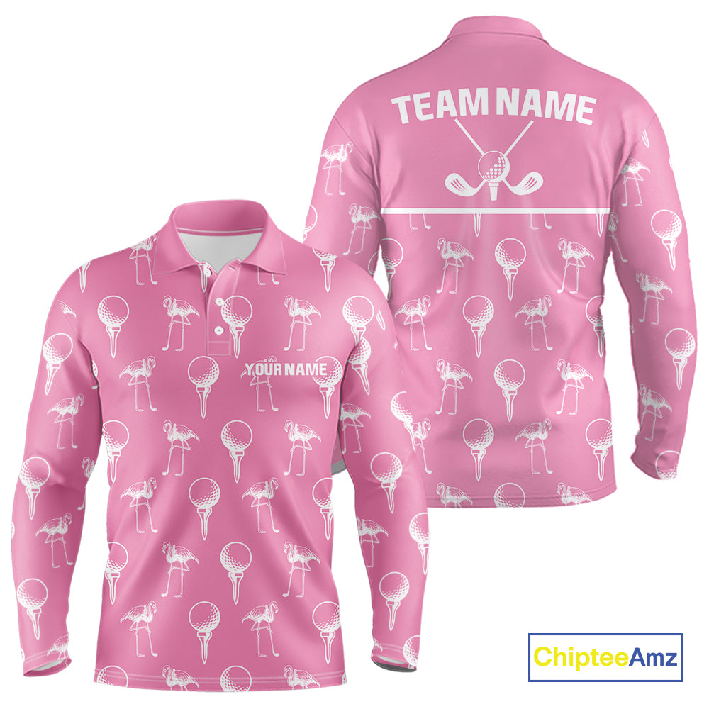 Personalized Flamingo Pink Pattern Mens Golf Polo Shirts Custom Funny Flamingo Golf Gifts NYN2845