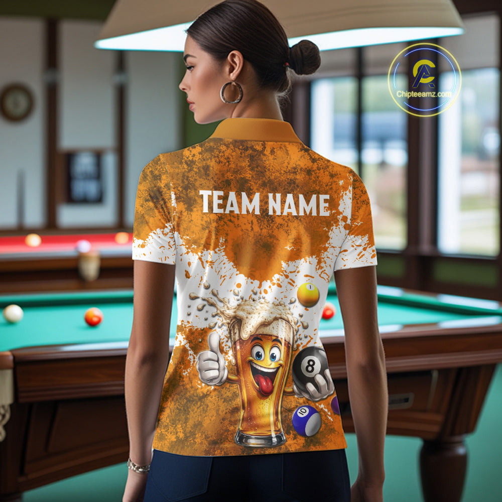 Funny Beer 8 Ball Women Billiard Shirt Custom White Yellow Splatter Paint Billiard Pool Team Clothing NYN3223