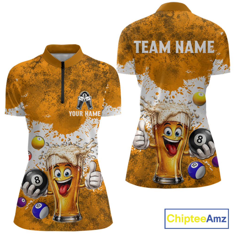 Funny Beer 8 Ball Women Billiard Shirt Custom White Yellow Splatter Paint Billiard Pool Team Clothing NYN3223